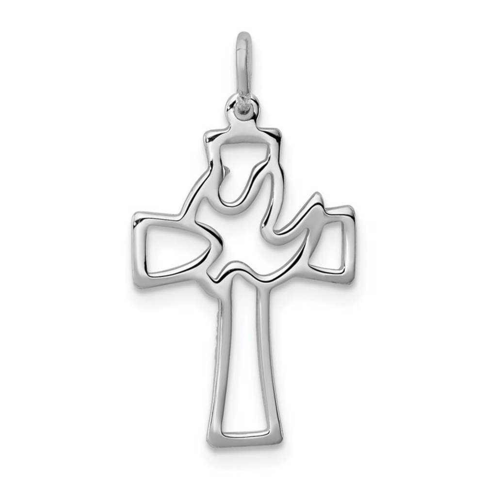 .925 Sterling Silver Polished Cut Out Dove Cross Pendant And 16” Necklace